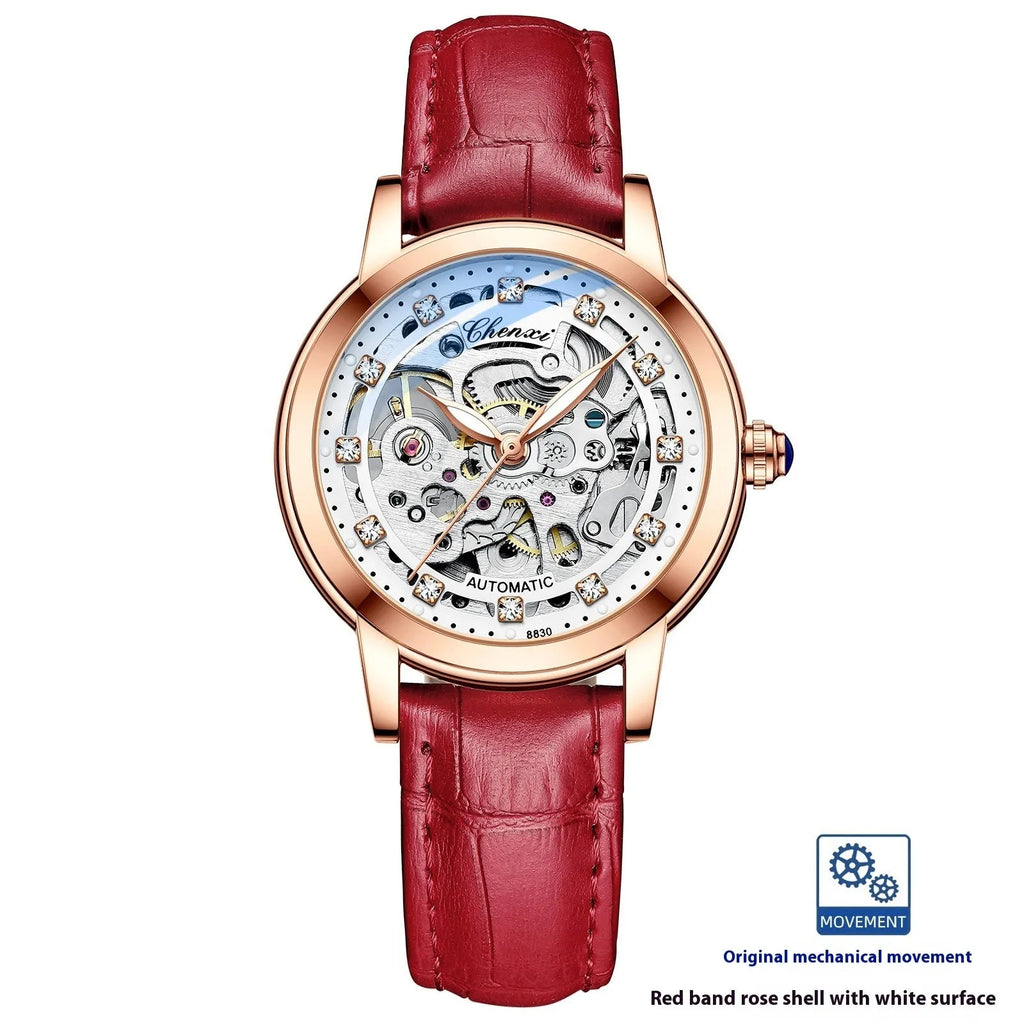 Fashion automatic hollow mechanical watch with round dial and genuine leather strap in black colour