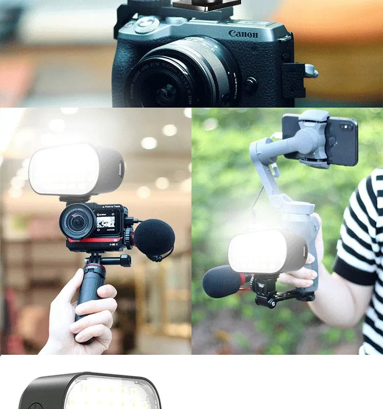 Black ST-30 mobile phone fill light with digital display, cold shoe mount, and included silicone diffuser.