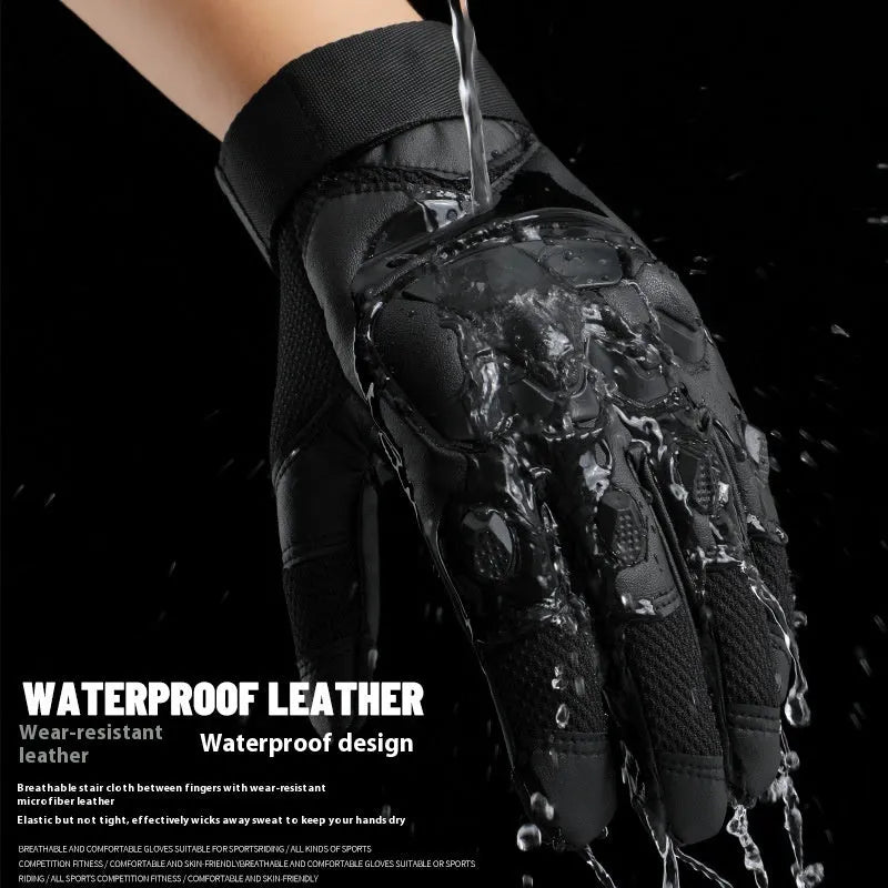 Men's black tactical full finger gloves with touch screen fingertips on a hand.