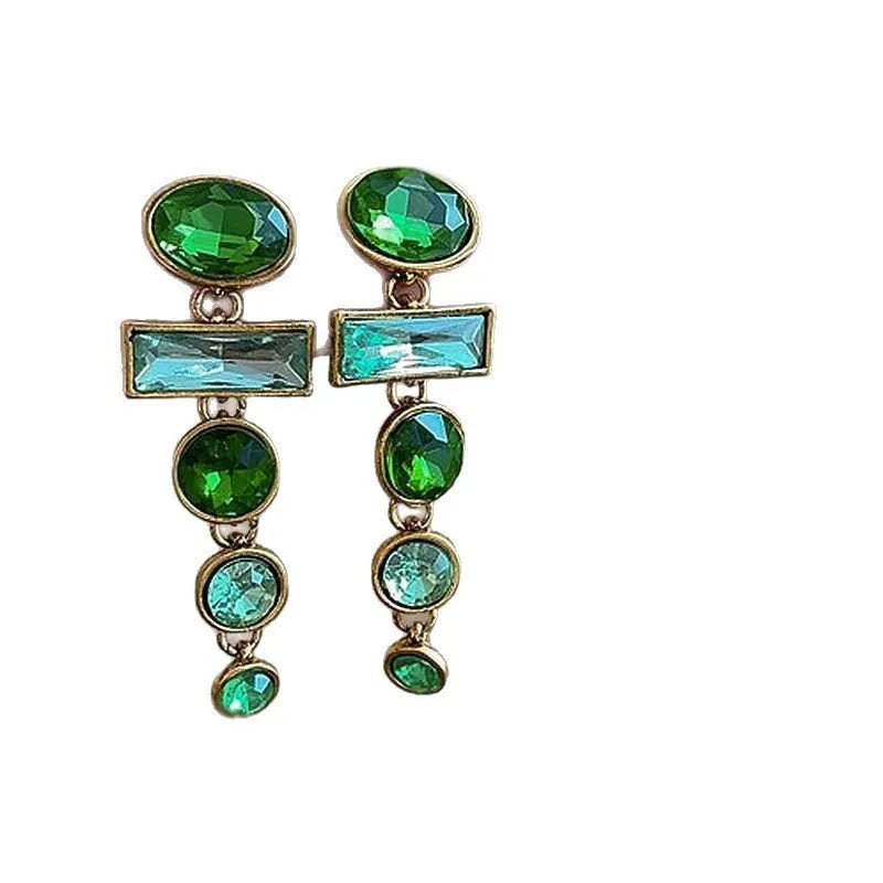 Pair of green gradient geometric alloy earrings with a tassel and inlaid zircon stone details on a white background.