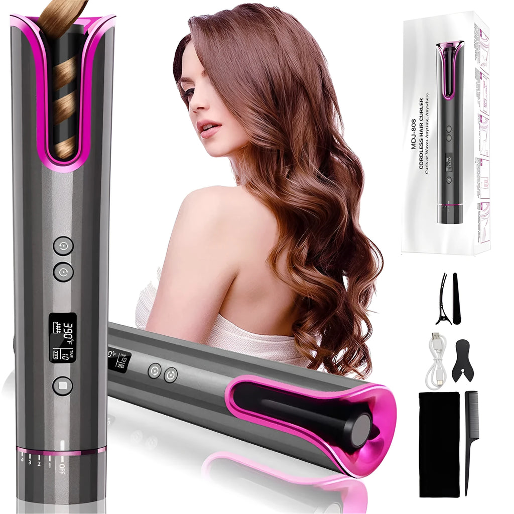 Black automatic USB cordless ceramic curling iron with 16mm to 20mm barrel on a table