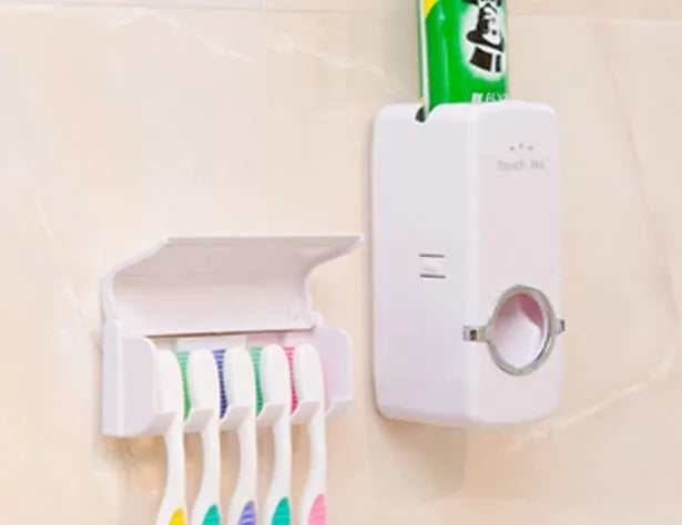 Bathroom accessories set with plastic toothbrush holder and silicone toothpaste pump in white or wine red colours