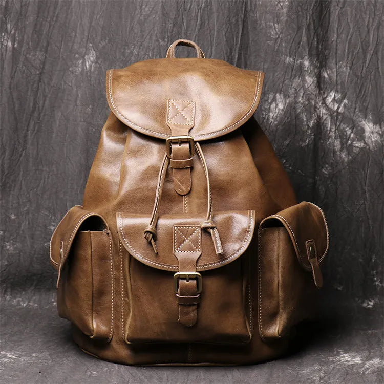 Women crazy horse leather backpack oval shape black brown drawstring buckle flap pockets first layer cowhide