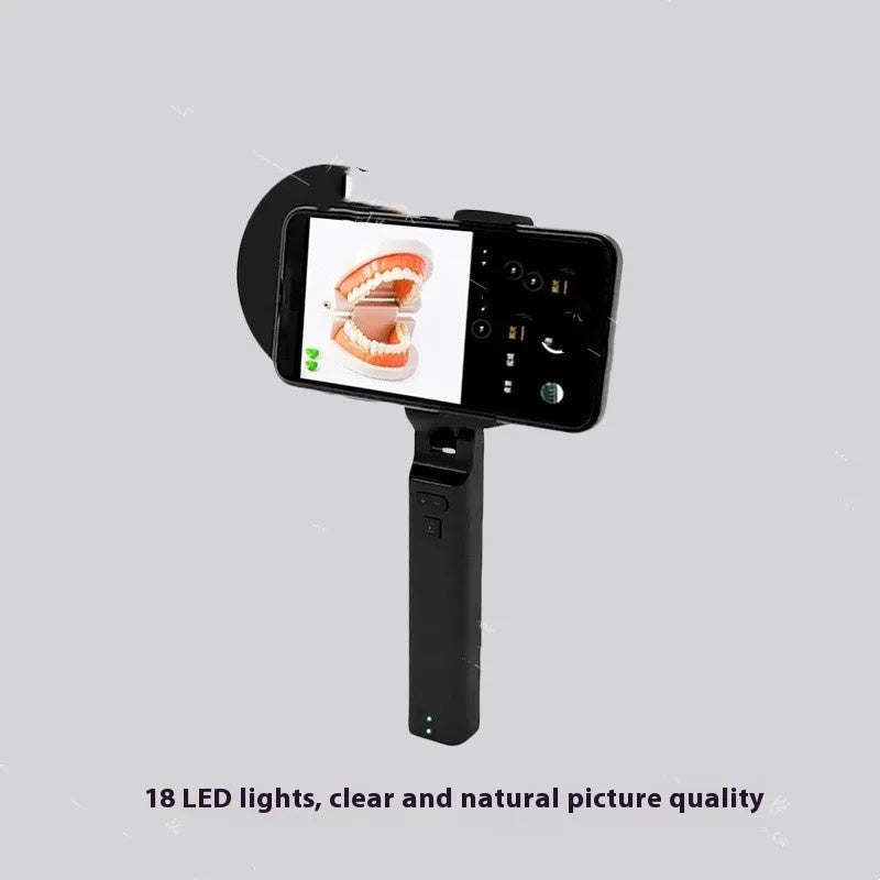 Black handheld LED fill light for mobile phone photography, showing compact portable design.