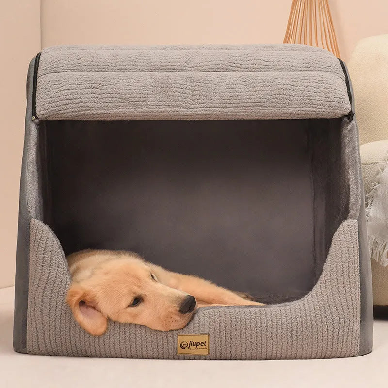 Classic gray removable washable dog bed with matching blanket for medium to large dogs