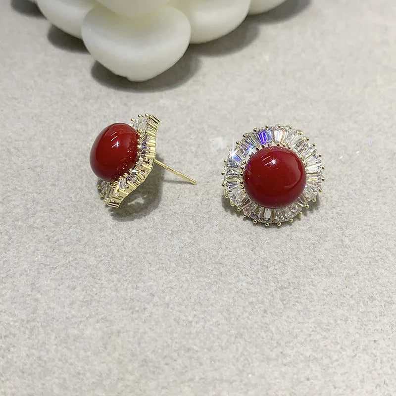 French retro pearl zircon earrings with gold-tone base, white imitation pearl and clear zircon, Style1 drop design.
