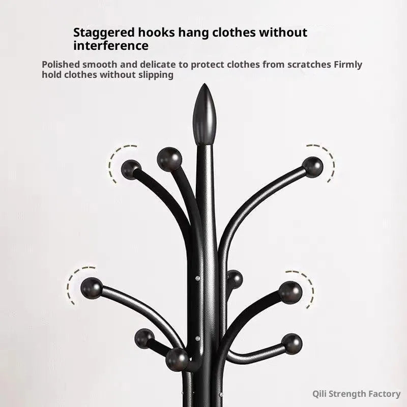 Floor-standing metal coat rack with vertical hanging points, shown in one of six colours