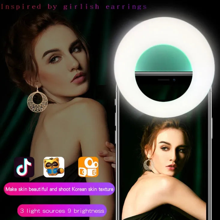 WQ-20 80mm round LED self-timer fill light in green or pink with USB rechargeable battery and stepless dimming