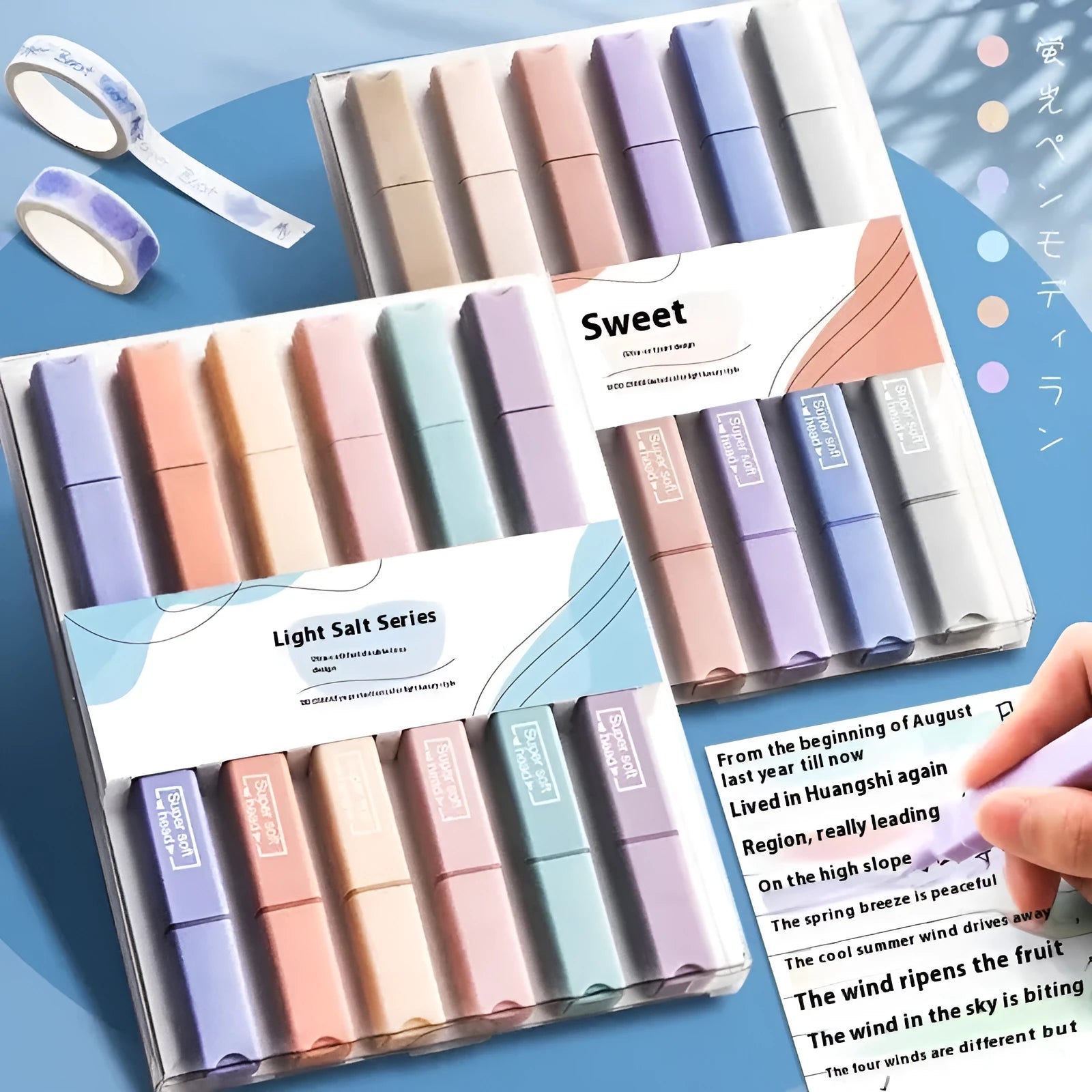 A set of double-ended fluorescent marker pens showing two coloured tips, arranged in a pack.