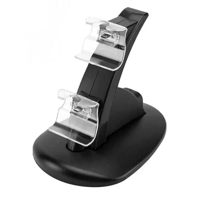 Black dual charging stand holding two Xbox One controllers upright for simultaneous USB charging.