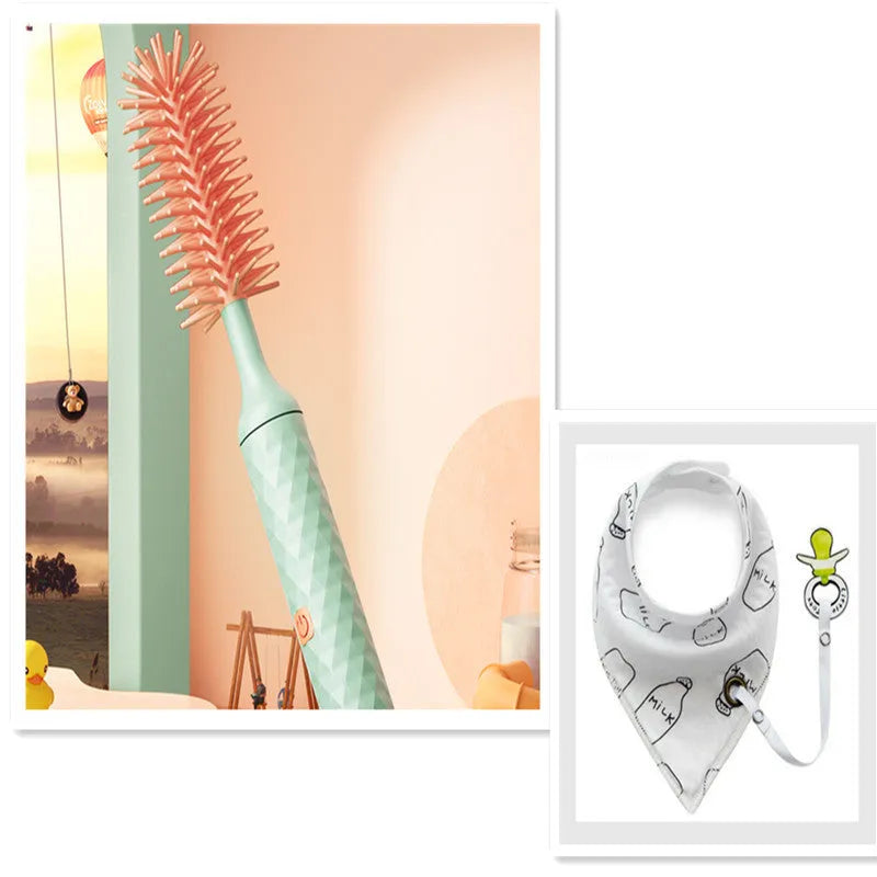 Pink and green electric rotating bottle cleaning brush with silicone bristles on a white background.