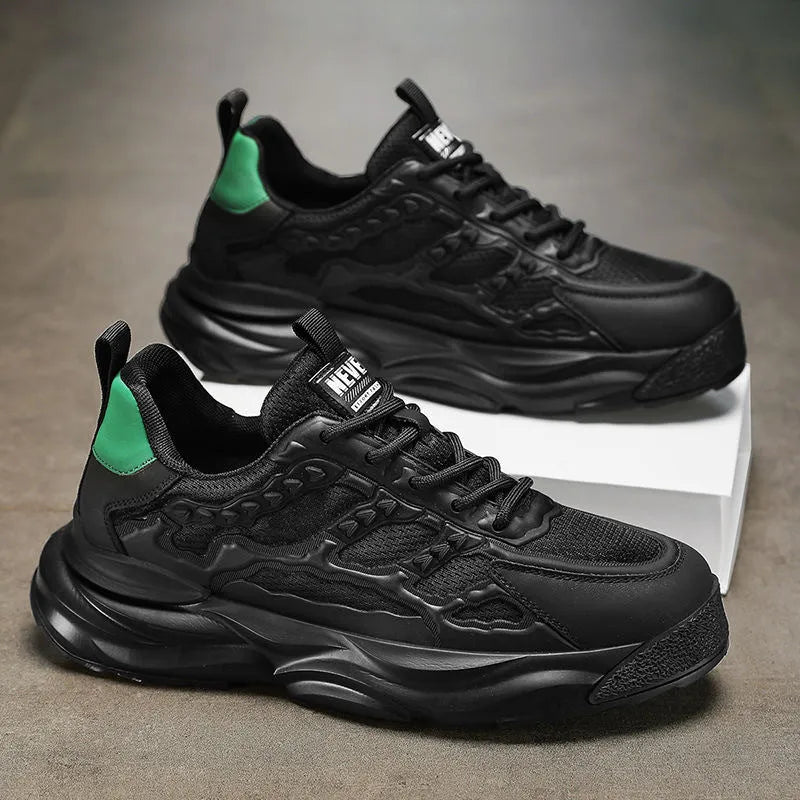 Men's white and black breathable mesh casual shoes with round toe and PU mesh upper