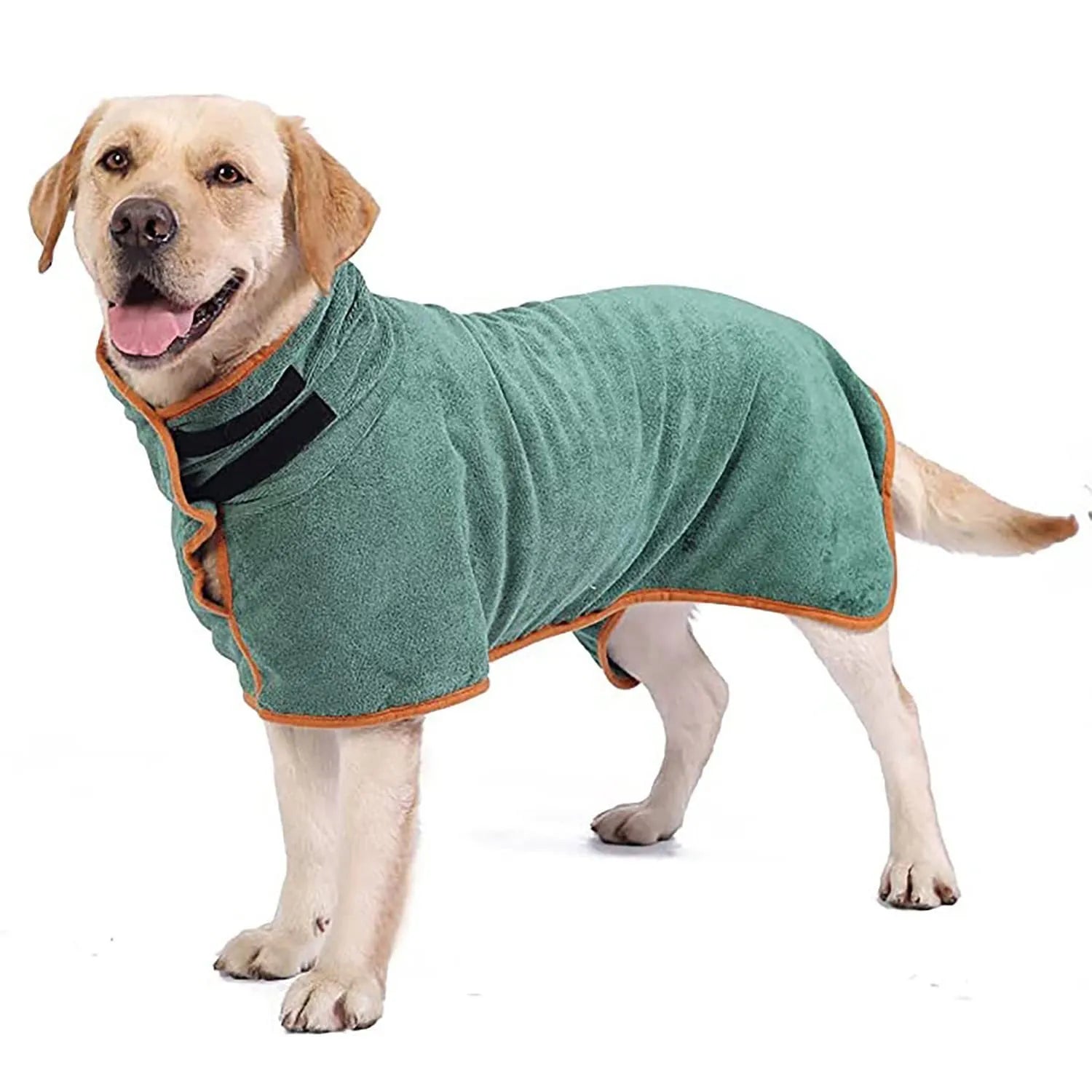 Grey nylon dog robe drying towel shown on a small dog, with orange edge trim visible.
