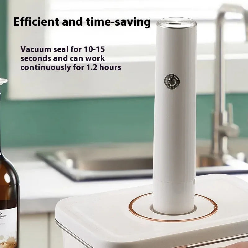 White smart rechargeable handheld vacuum food preservation machine with five vacuum bags on kitchen counter