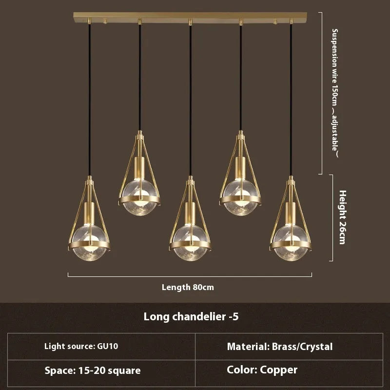 Modern copper and crystal chandelier light fixture for bedroom or commercial use.