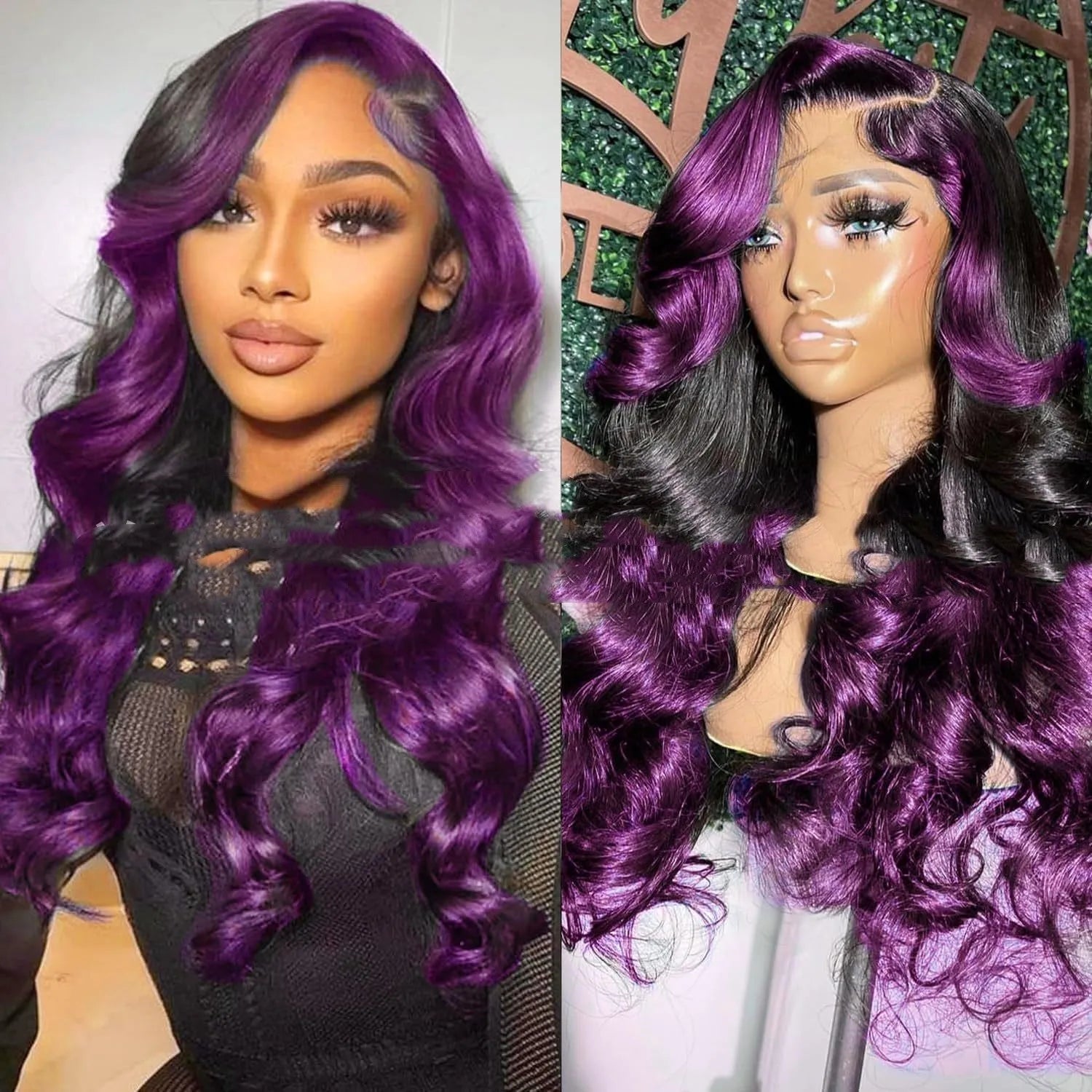 Gradient purple front lace human hair wig with 13x6 lace frontal shown in long lengths.