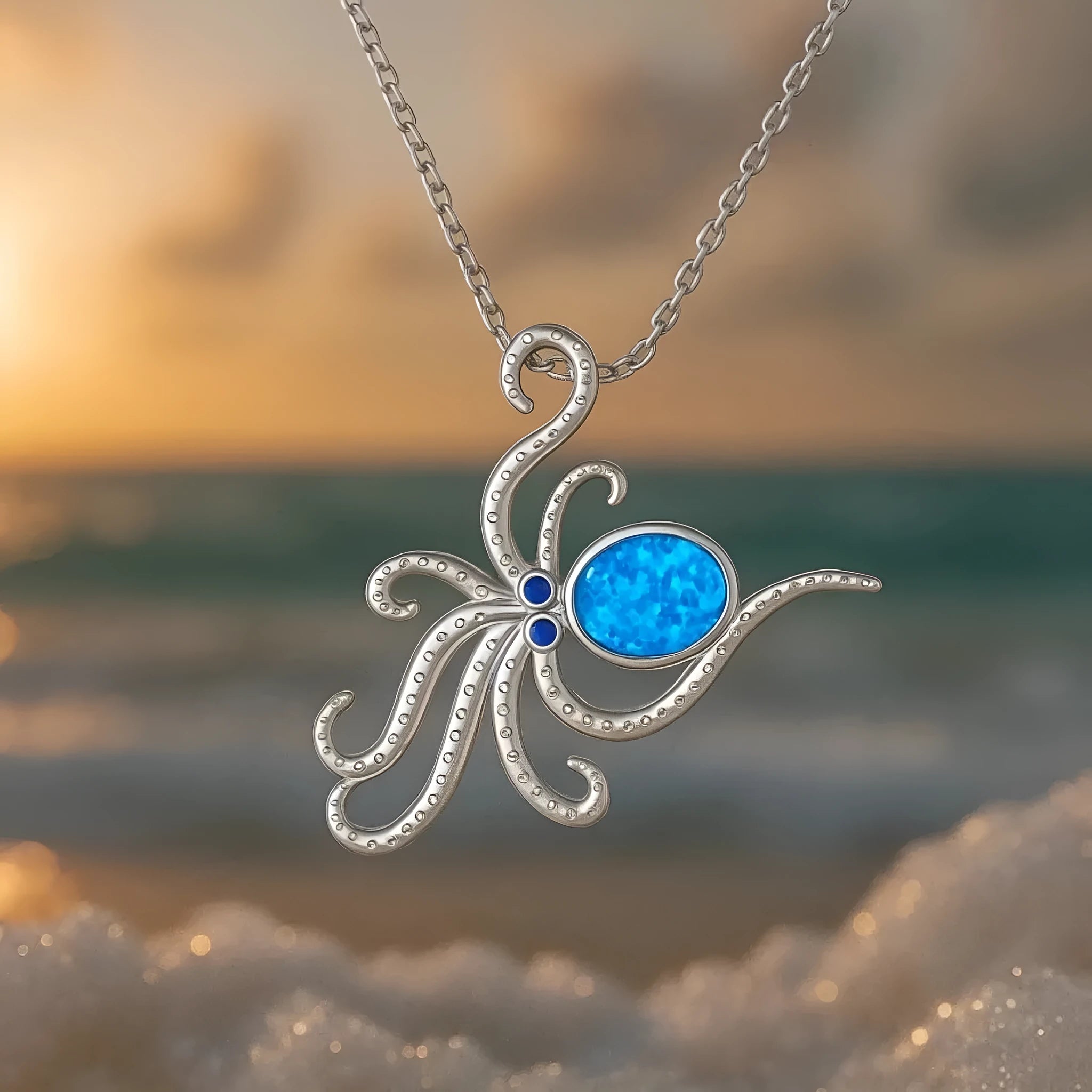 Silver geometric octopus pendant necklace with opal inlay on a stainless steel box chain.