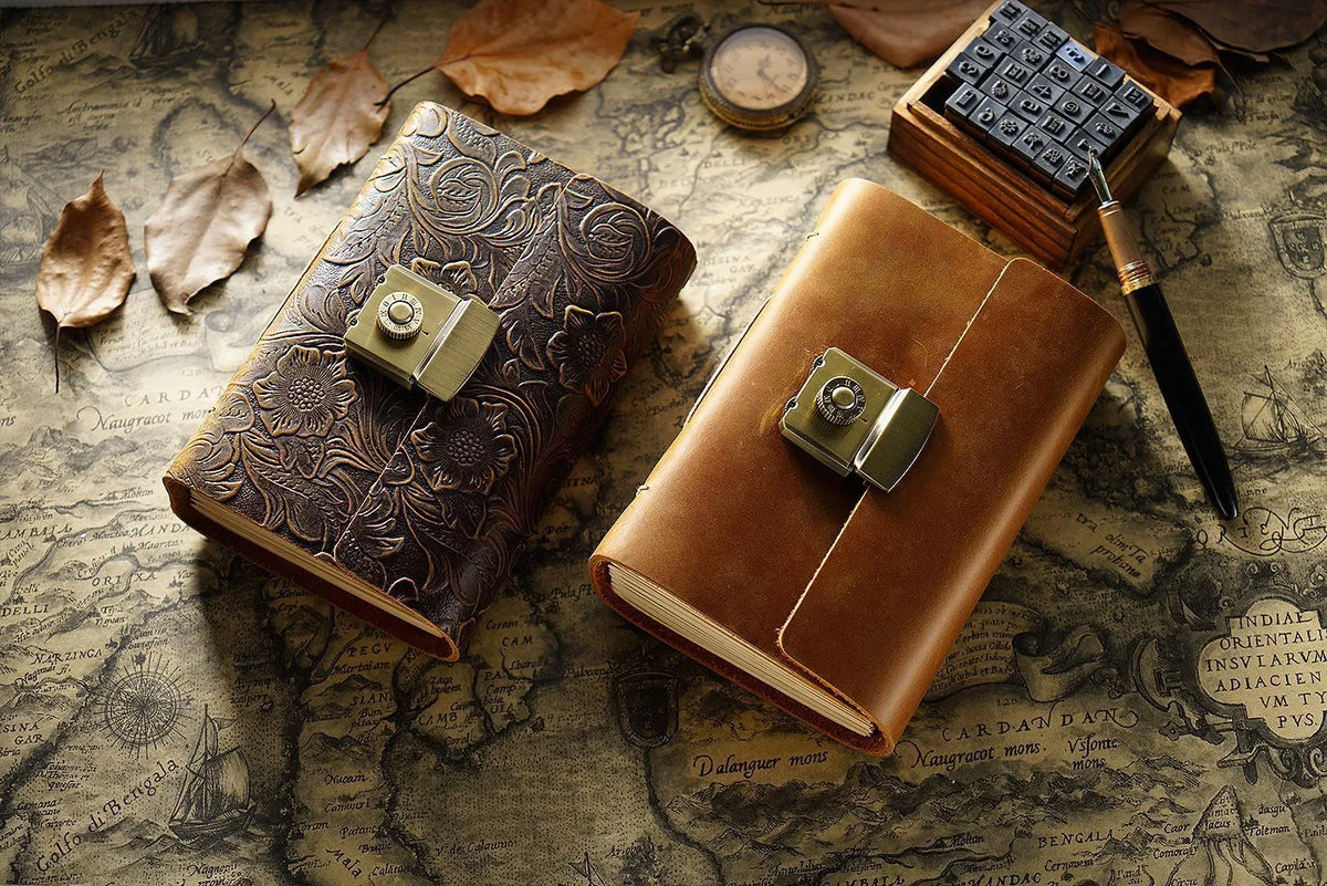 Vintage cowhide leather notebook journal with blank brown paper and retro password book cover in Carved brown or Crazy Horse brown, A5 A6 A7