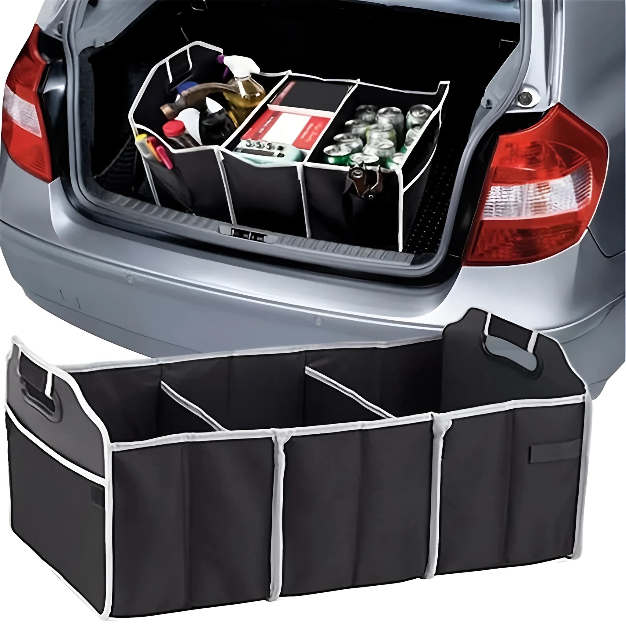 Black large capacity car multi-pocket trunk organizer with foldable lid in vehicle trunk