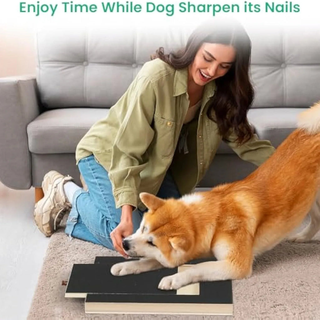 Wooden dog nail scratch board with treat drawer and non-slip pads on floor