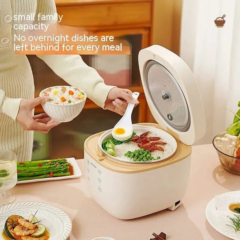 White or beige 3-litre rice cooker with black inner pot and included accessories