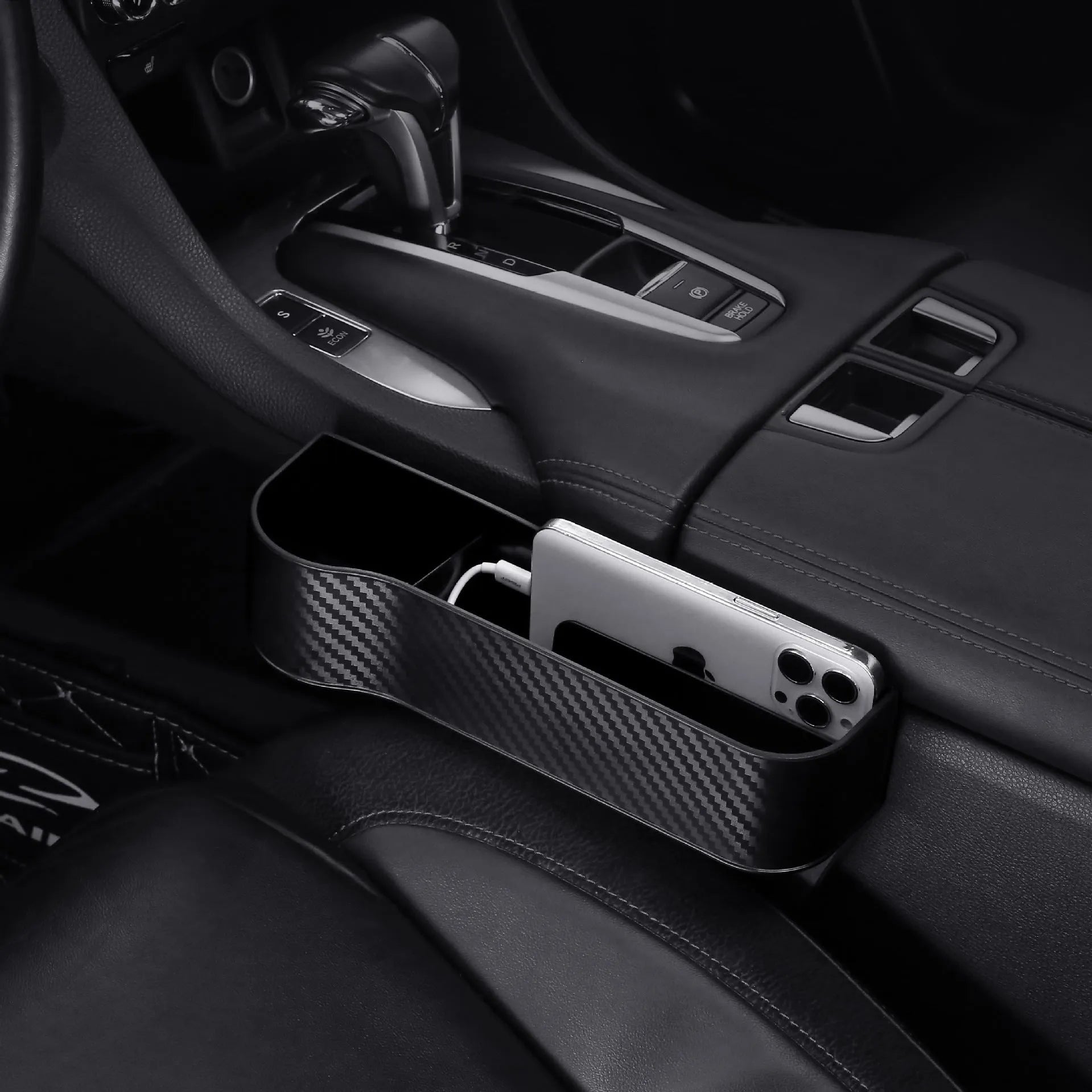 Carbon fibre pattern ABS plastic car seat gap storage box inserted between seat and console