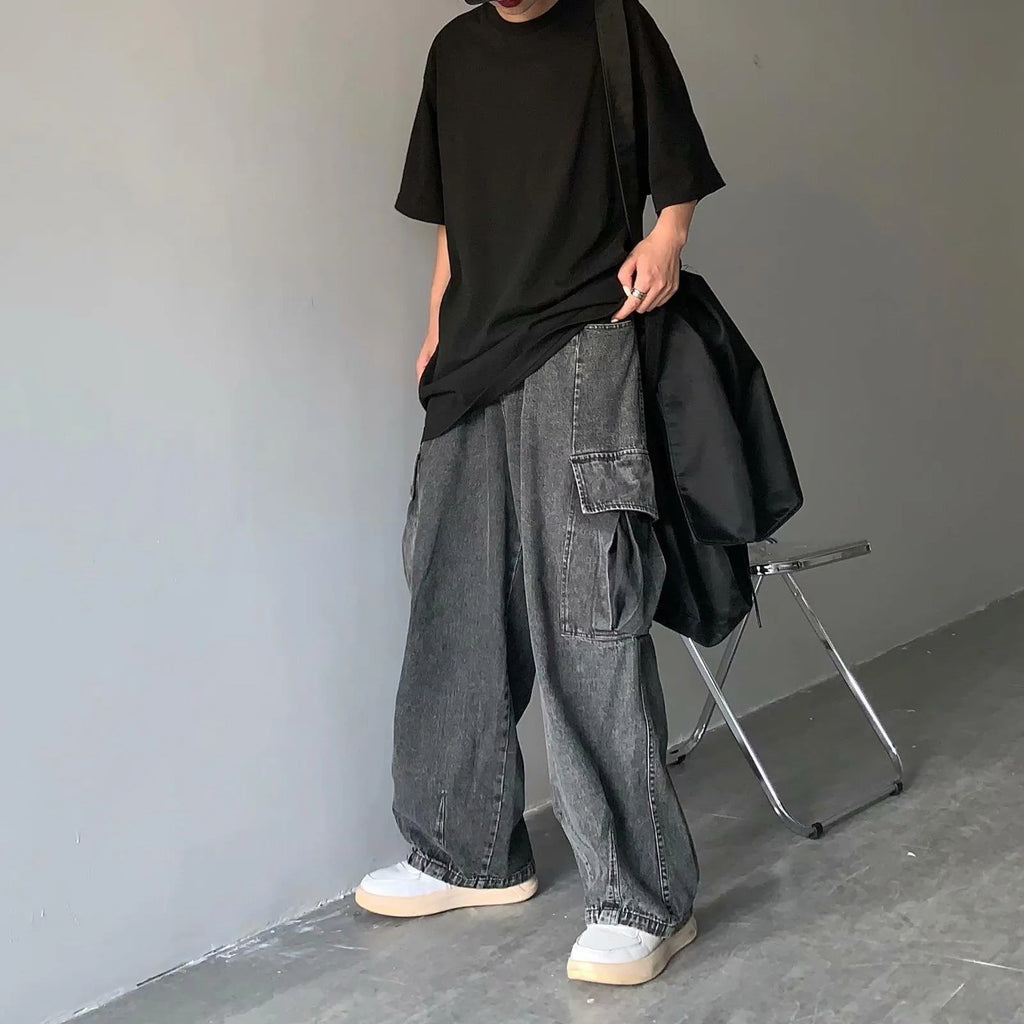 Street retro loose cargo jeans with large pockets, cropped straight-leg, in blue colour