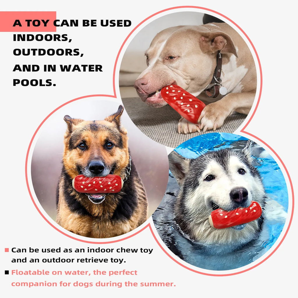 Primary colour plastic molar rod dog chew toy with a toothbrush-like textured surface.
