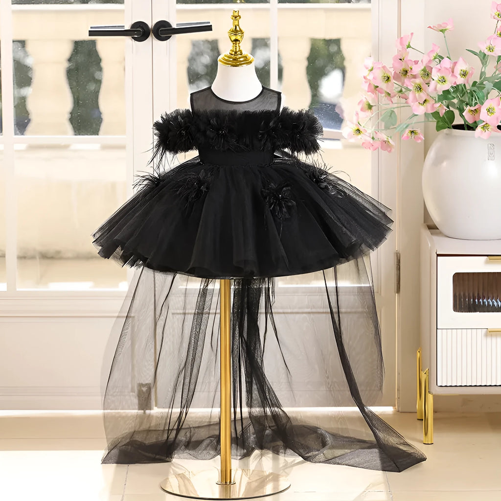 Black polyester girls evening dress princess style catwalk performance height 80-150cm