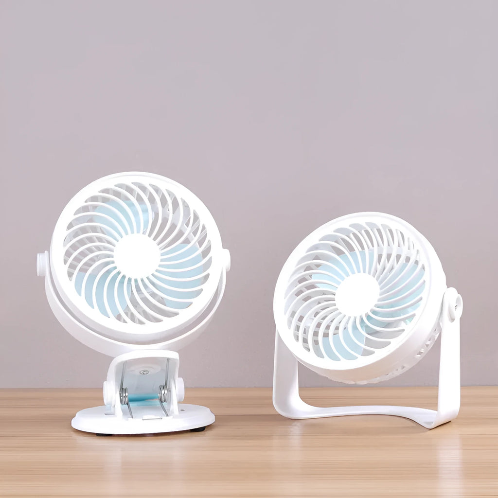USB-powered desk fan with clip and floor stand options in compact design