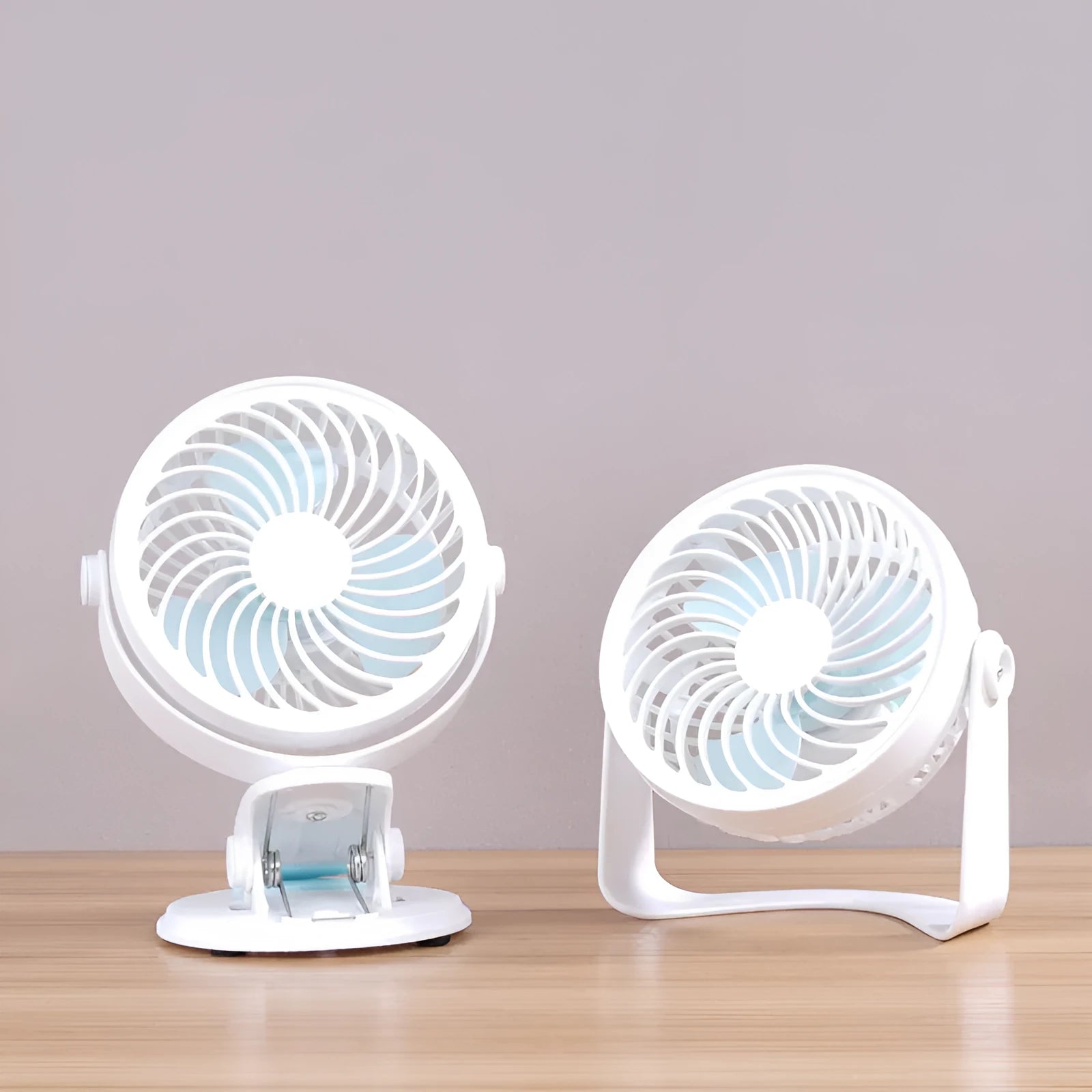 USB-powered desk fan with clip and floor stand options in compact design