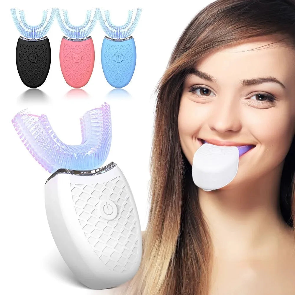 U-shaped electric toothbrush with ABS silicone construction, IPX7 waterproof, and USB rechargeable battery