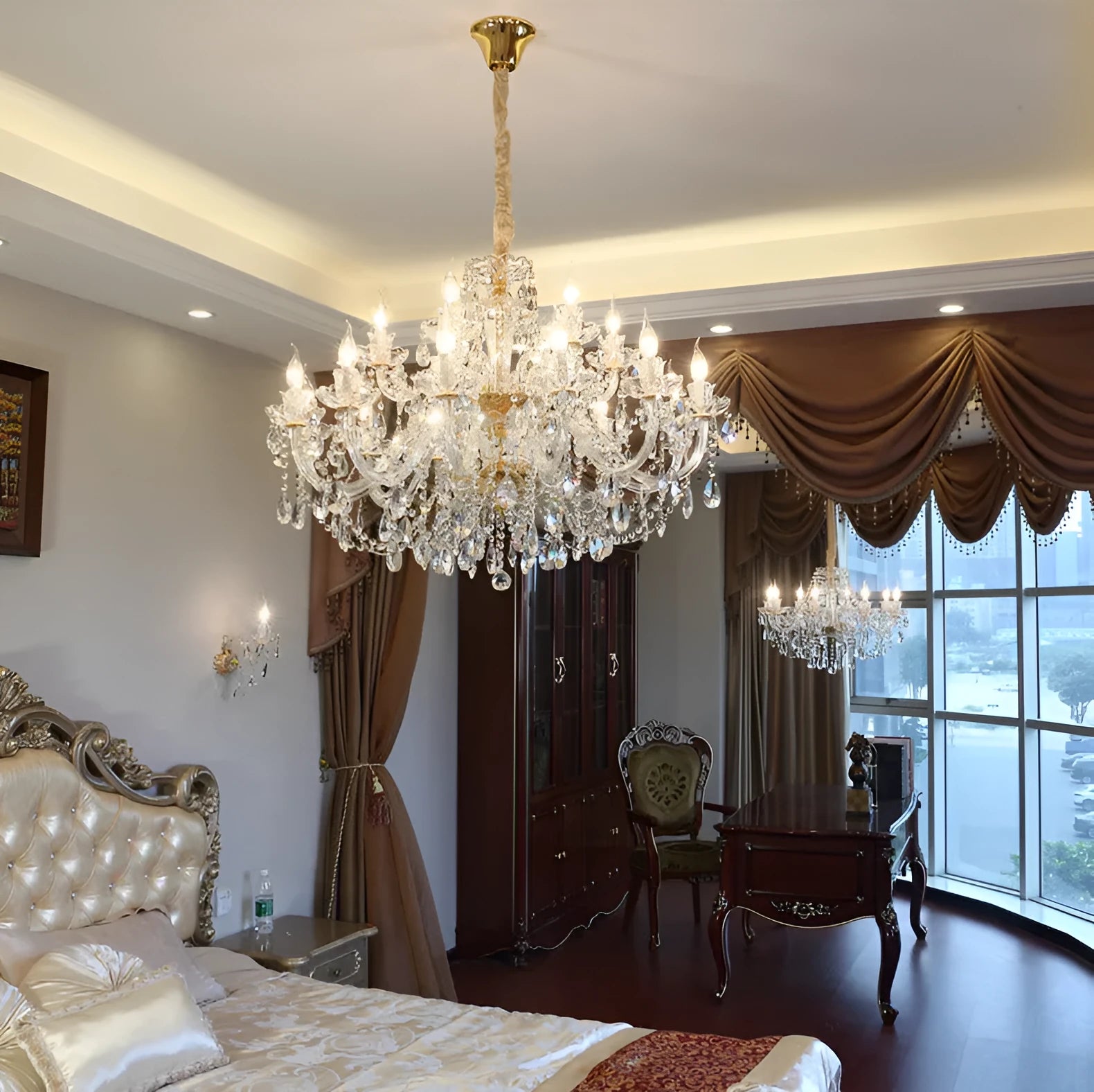 Crystal chandelier ceiling light with glass body and multiple LED lights over a living room