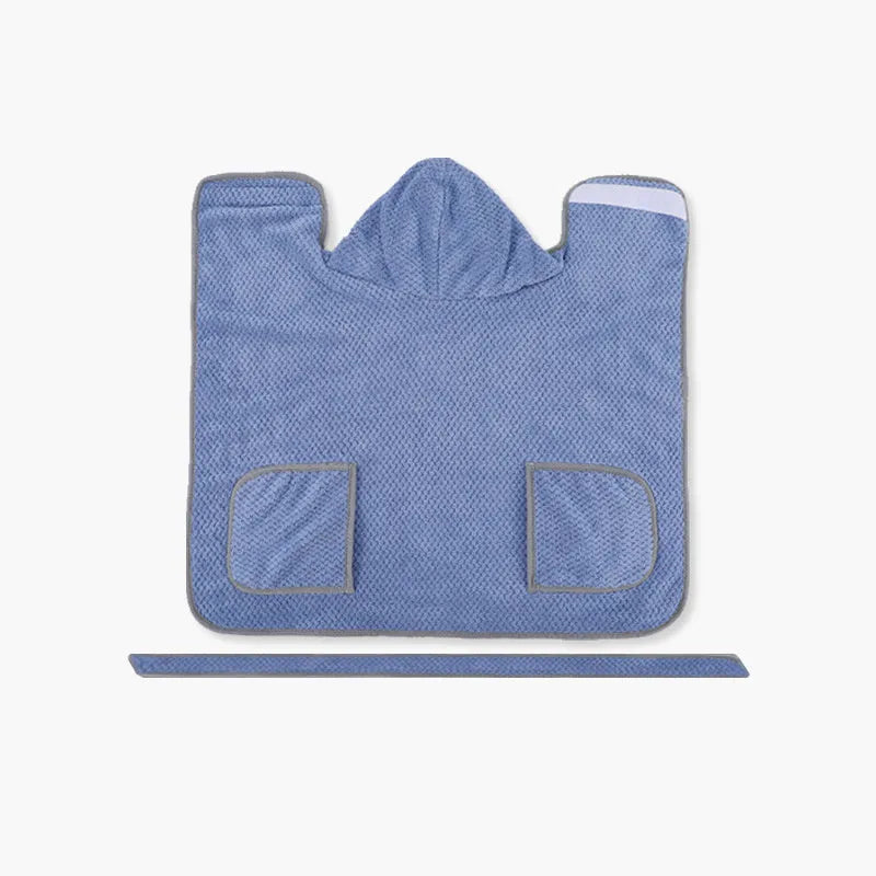 Blue adjustable dog bath robe towel drying a golden retriever after a bath.