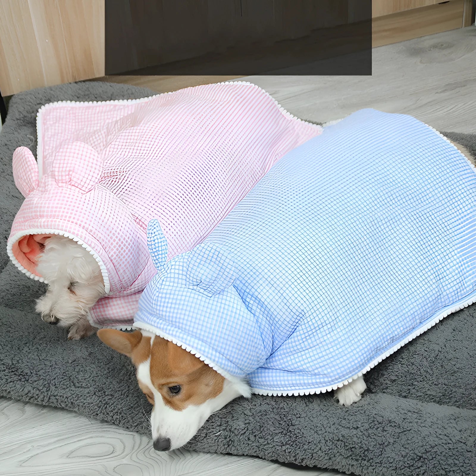 Cotton quilted plaid pet cloak in blue grid pattern for small to large dogs