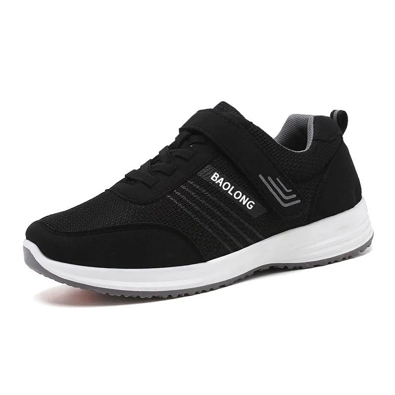 Neutral mesh walking shoes for middle-aged and elderly, non-slip soft sole, black colour, side view