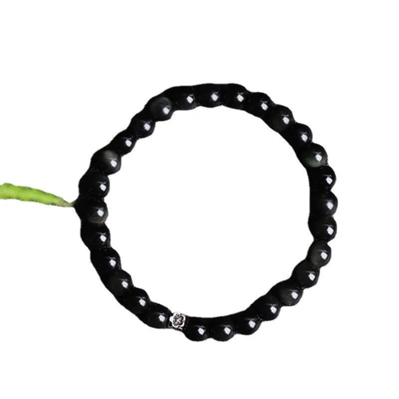 Natural obsidian bracelet with S925 silver flower charm and dragon phoenix decorations