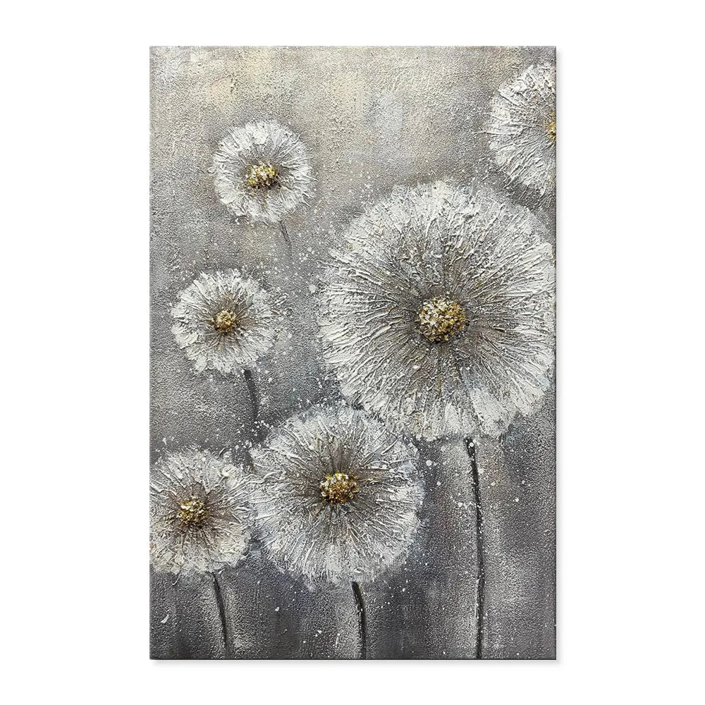 Large hand-painted white flower plant oil painting on grey canvas, unframed vertical single-panel wall art