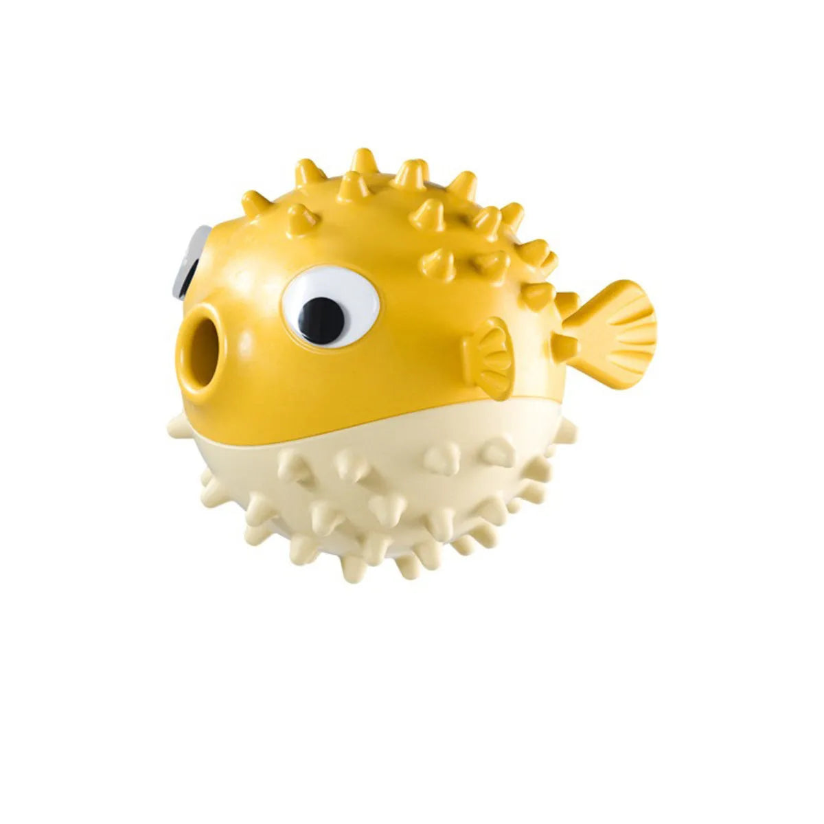 Yellow vinyl fish-shaped dog chew toy with textured surface and squeaker.