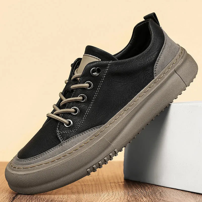 British round toe men's leather shoes in black or khaki with microfiber upper and rubber sole