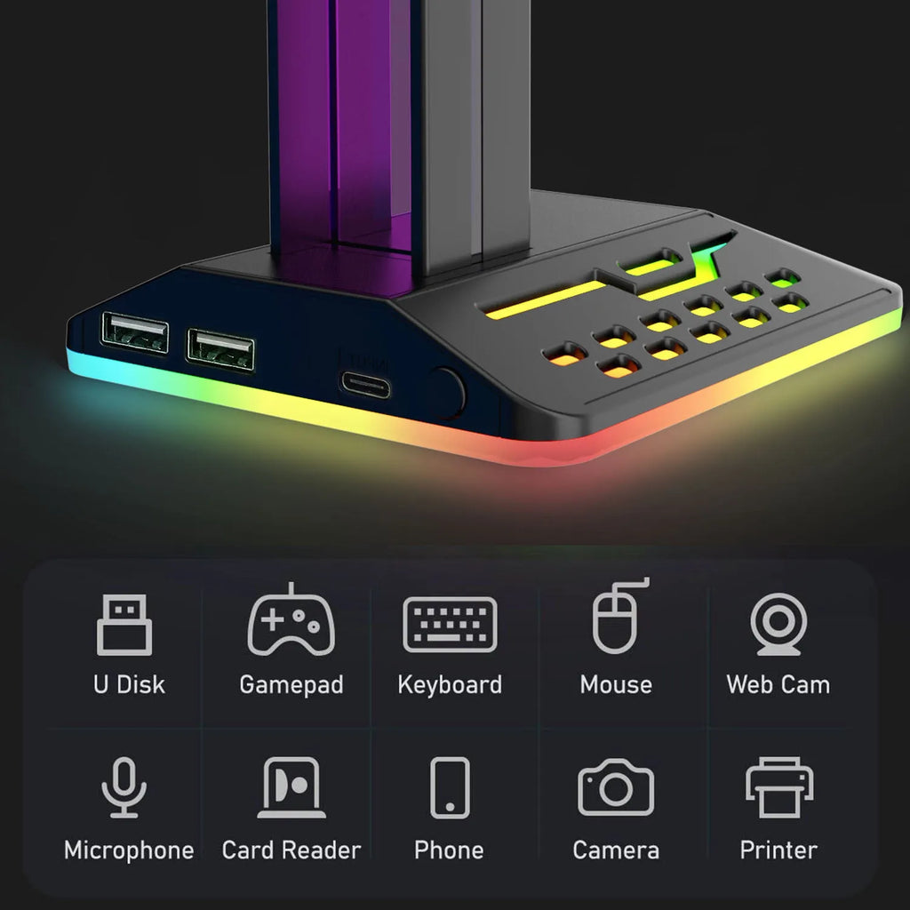 RGB colour changing headset bracket with USB ports displaying headphones
