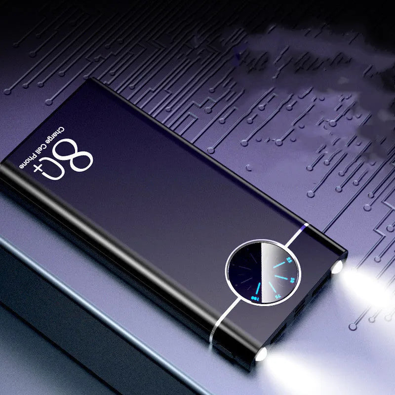 Black 20000mAh alloy portable power bank with LED flashlight showing size scale