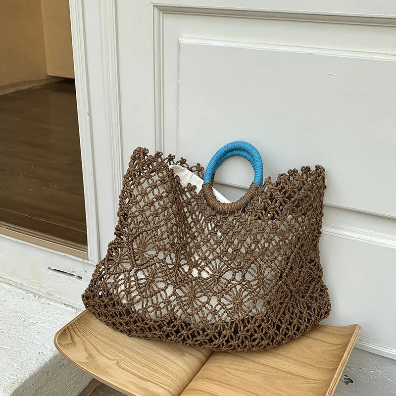 Minority all-match hollow handmade straw bag in dark brown with square vertical shape, 44cm wide