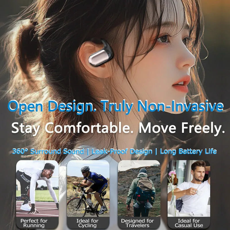 Bluetooth earphones hanging on the ear in black colour with ear hook design and digital display screen