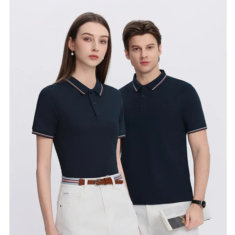 Men's short sleeve ice-feel work polo shirt in a light blue colour with a printed pattern.