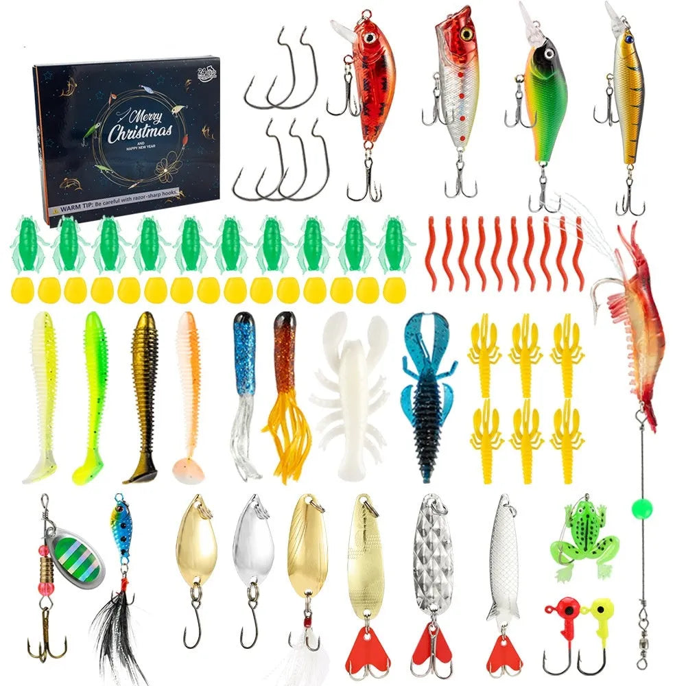 Blind box containing 24 metal Christmas Mino Bog fishing lures in a silver and red colour scheme