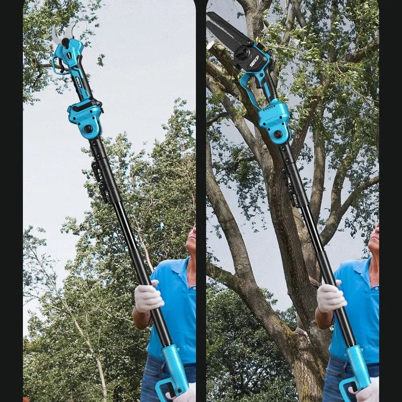 Electric pruning saw with 6-inch SK5 steel blade and 2.5m extension pole on a garden background