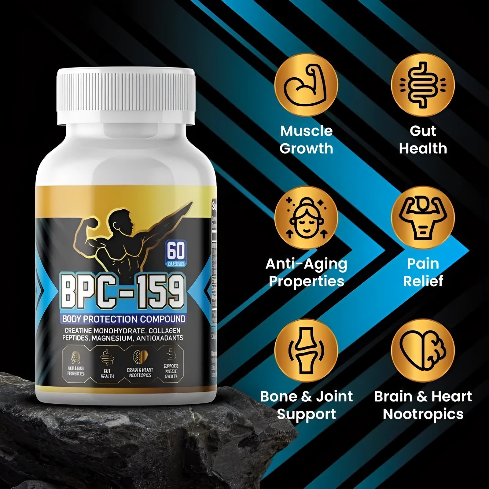 Bottle of body energy dietary supplement capsules for nutritional support