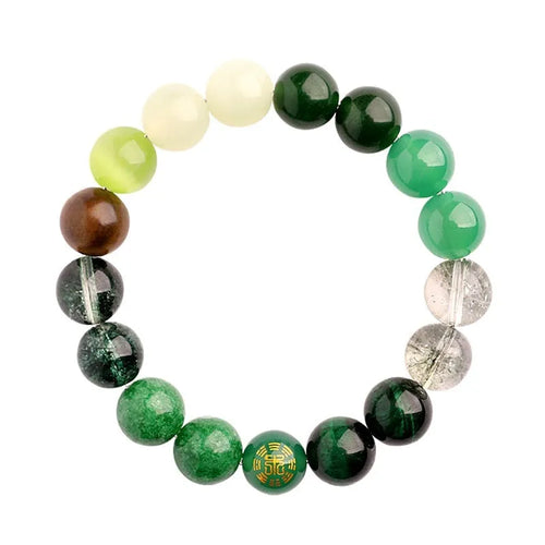 Green agate balance energy bracelet with natural crystal beads in five elemental colours