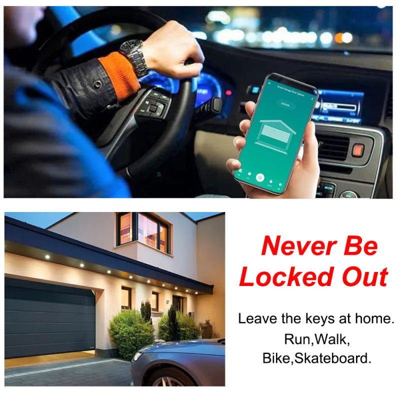 Black plastic WiFi garage door controller for remote and voice control via smartphone app.